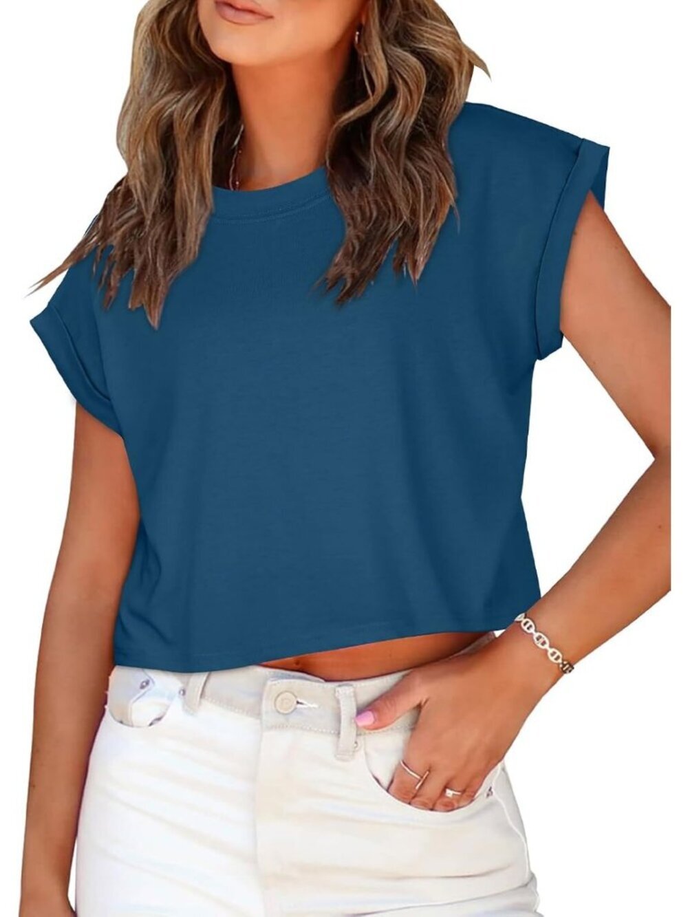 Women's Dark Blue Crew Neck Cap Sleeves Crop Casual Pull On Basic Tees Shirts